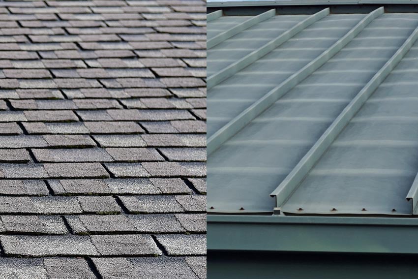 Shingle vs metal roofing side by side